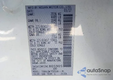 2017 Nissan Rogue Sv z USA, uszkodzony, nr VIN 5N1AT2MT2HC805905